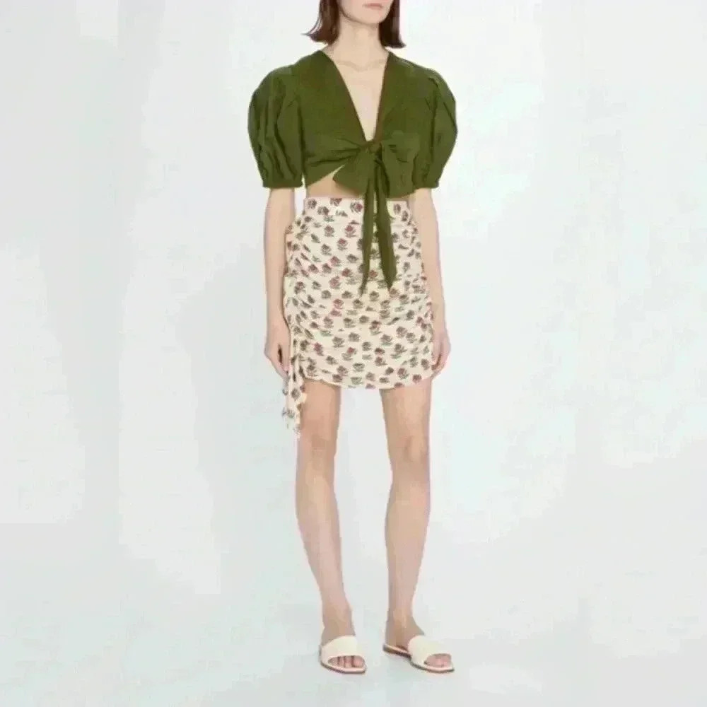 Rhode Hannah Draped Ruched Floral Printed Cotton Mini Skirt Size M